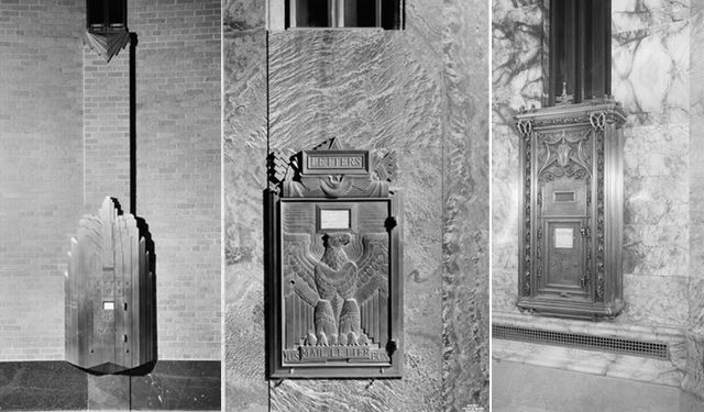 L-R: West Broadway and Worth Street. Box in main hall, Western Union Building; Mailbox in Chrysler Building; Woolworth Building. Cutler mailbox in entrance hall.